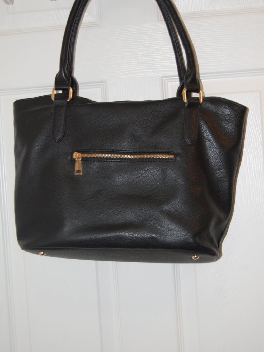 Black Faux Leather  2 Handled Tote W/ Gold Hardware . Good Preowned Condition